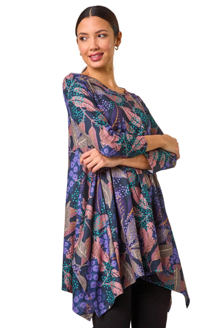 Roman Purple Floral Leaf Print Stretch Tunic