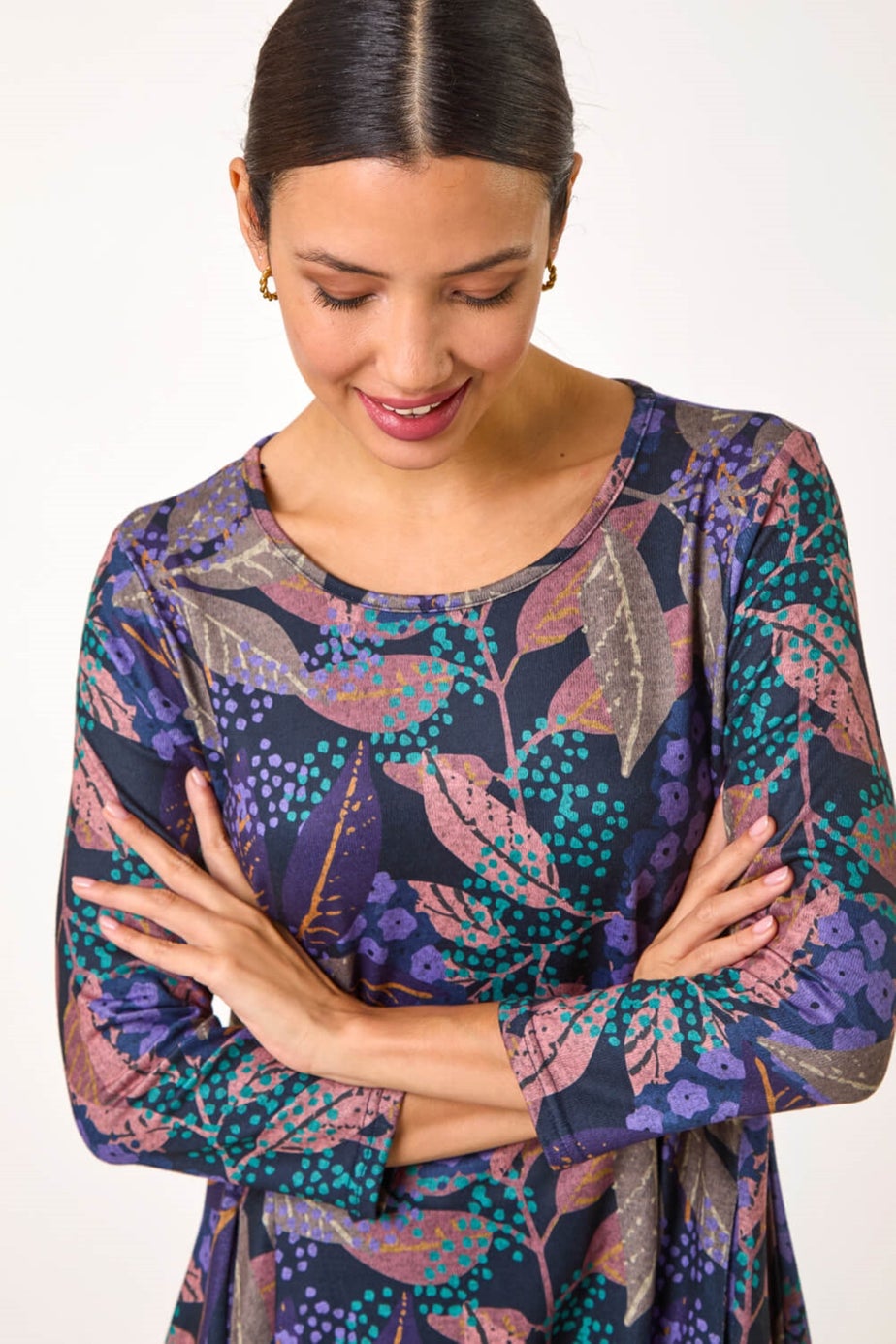 Roman Purple Floral Leaf Print Stretch Tunic