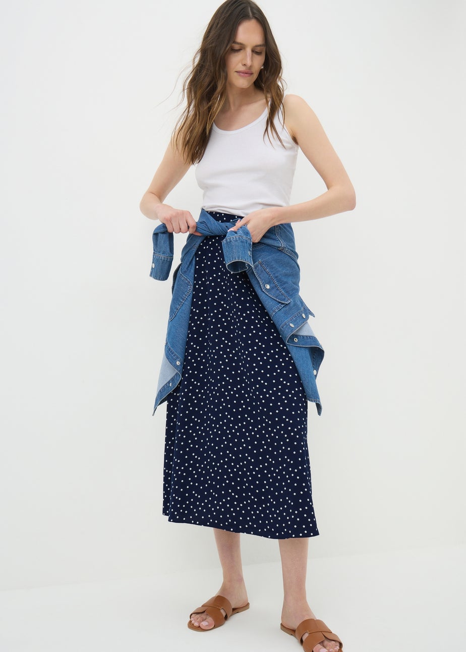 Navy Polka Dot Flared Hem Skirt