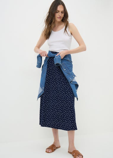 Navy Polka Dot Flared Hem Skirt