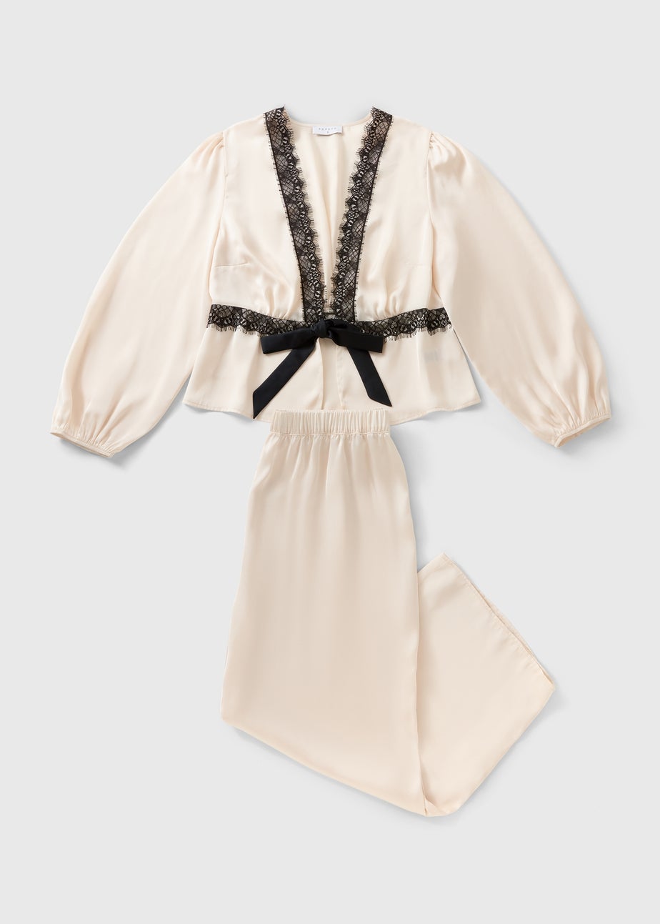 Cream Lace Detail Satin Pyjama Set