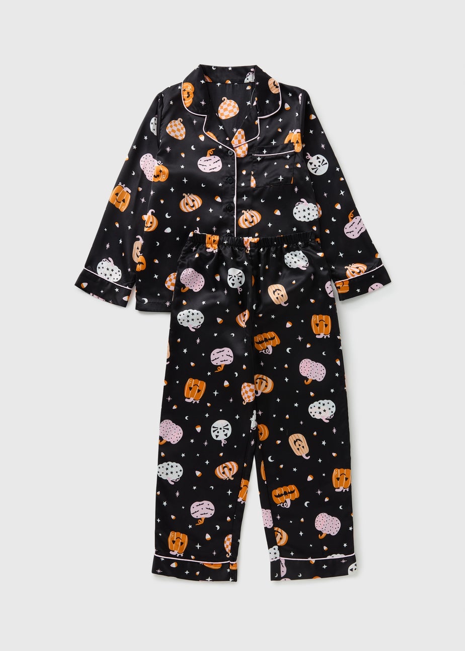 Girls Black Pumpkin Satin Pyjama Set (4-13yrs)