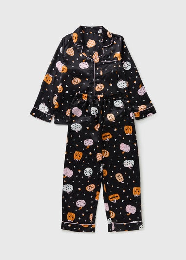 Girls Black Pumpkin Satin Pyjama Set (4-13yrs)