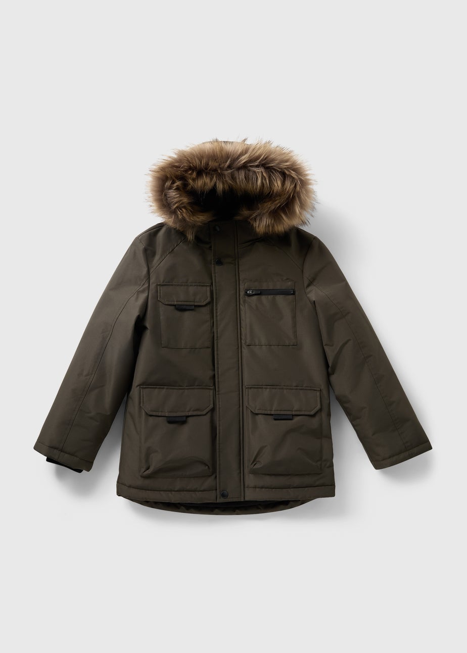 Boys Khaki Faux Fur Parka Coat (7-15yrs)