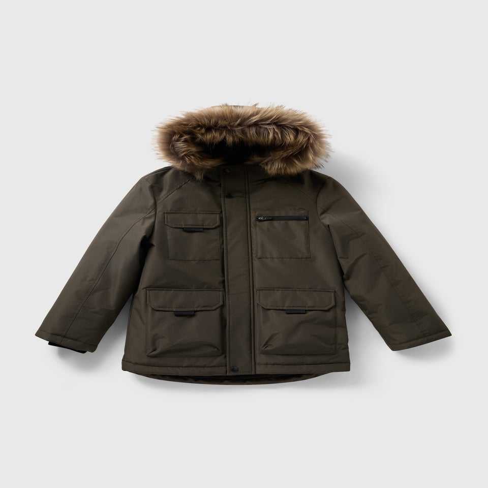 Boys Khaki Faux Fur Parka Coat (7-15yrs)