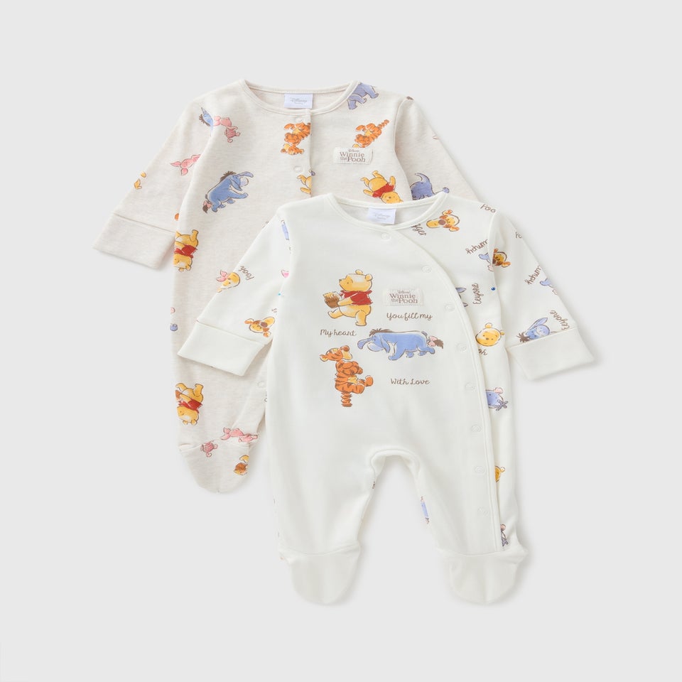 2 Pack Cream Baby Winnie The Pooh Sleepsuits (Newborn- 18mths)