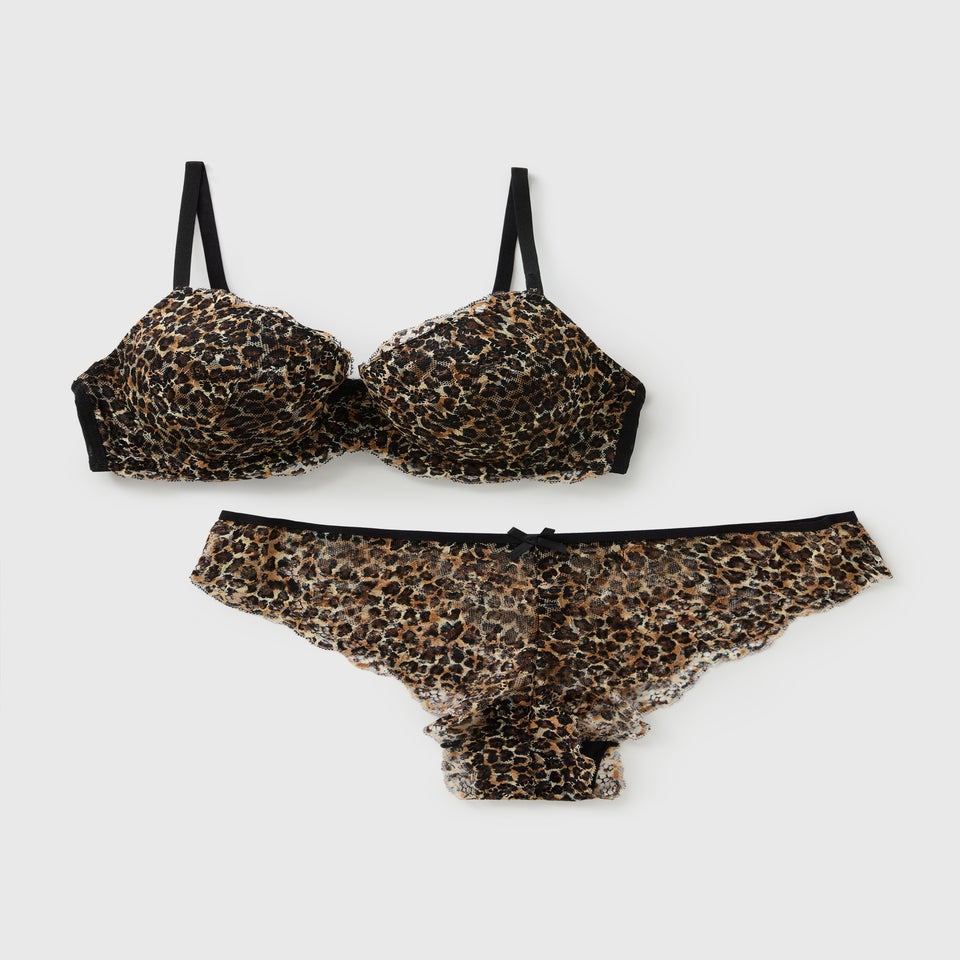 Brown Leopard Print Co Ord Bra & Knickers Set