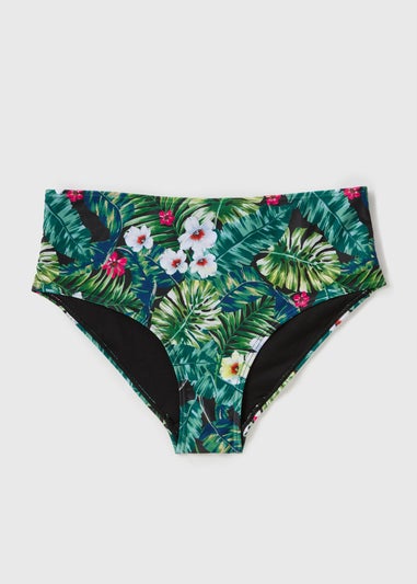 Green Tropical Print High Waist Bikini Bottoms