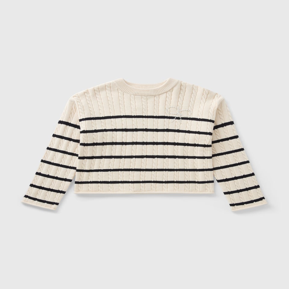 Girls Cream Striped Cable Jumper (7-15yrs)