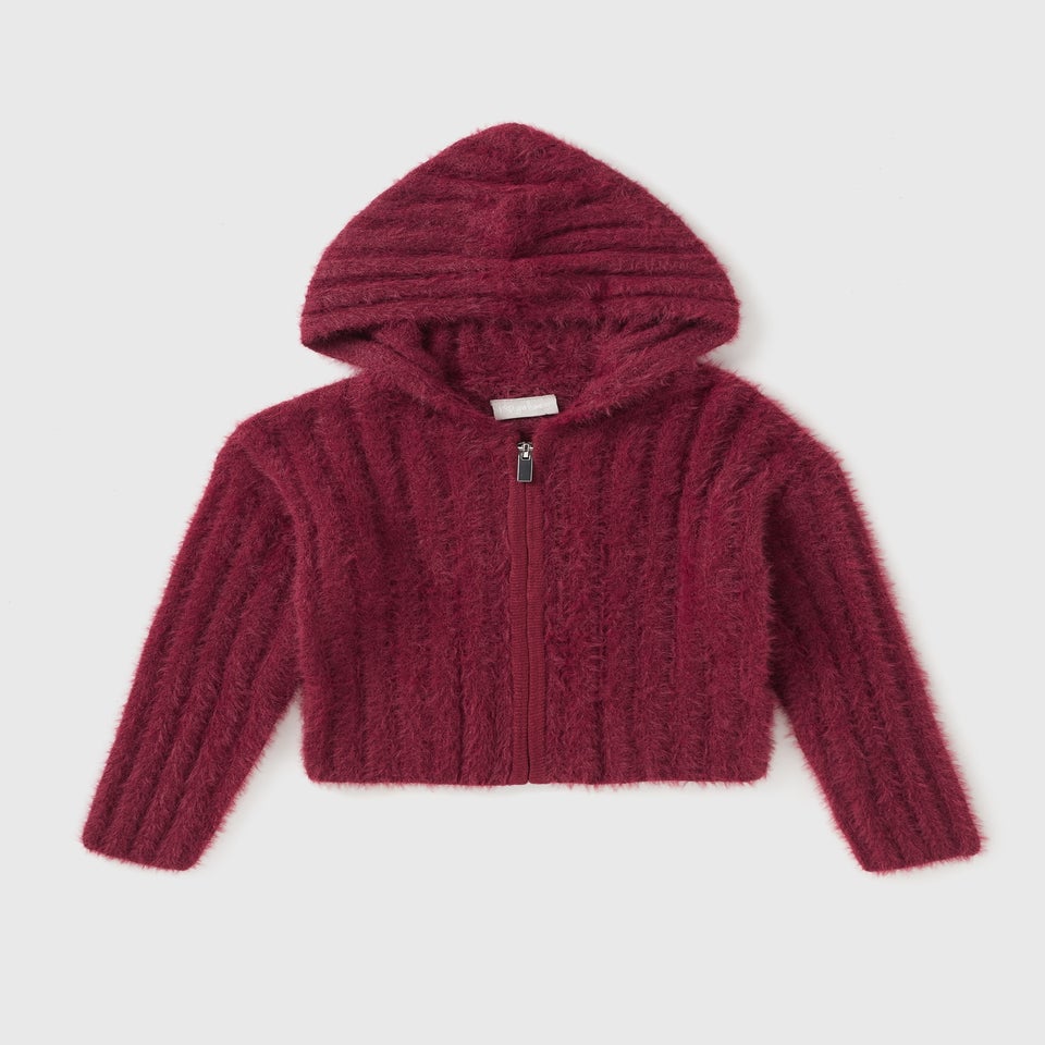 Girls Burgundy Fluffy Zip Up Cardigan (7-15yrs)