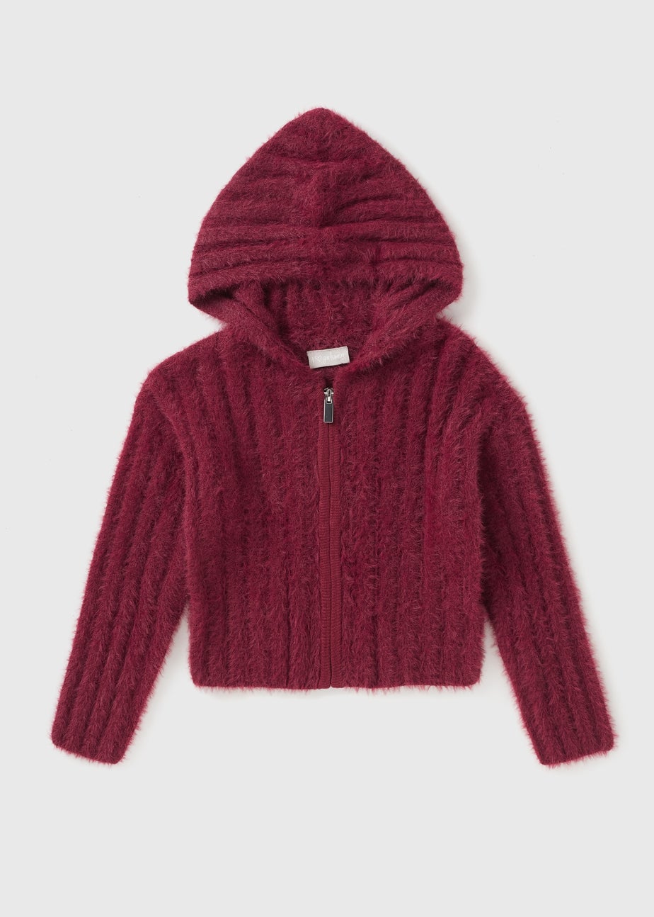 Girls Burgundy Fluffy Zip Up Cardigan (7-15yrs)
