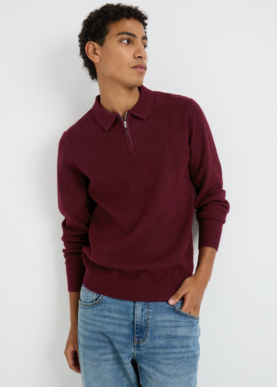 Burgundy Ribbed 1/4 Zip Polo Jumper