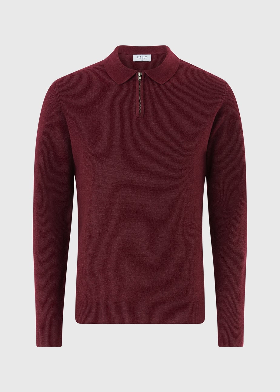 Burgundy Ribbed 1/4 Zip Polo Jumper