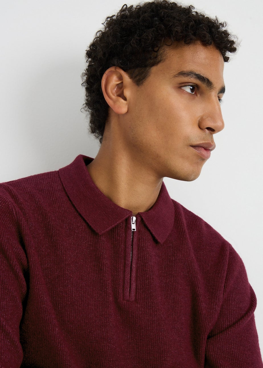 Burgundy Ribbed 1/4 Zip Polo Jumper