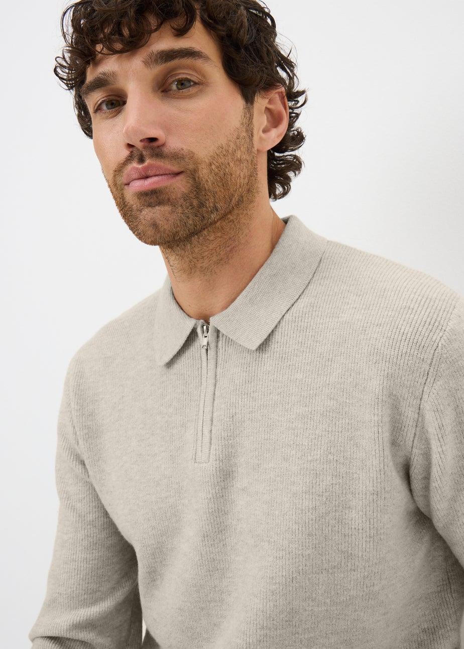 Beige Smart Ribbed Zip Polo