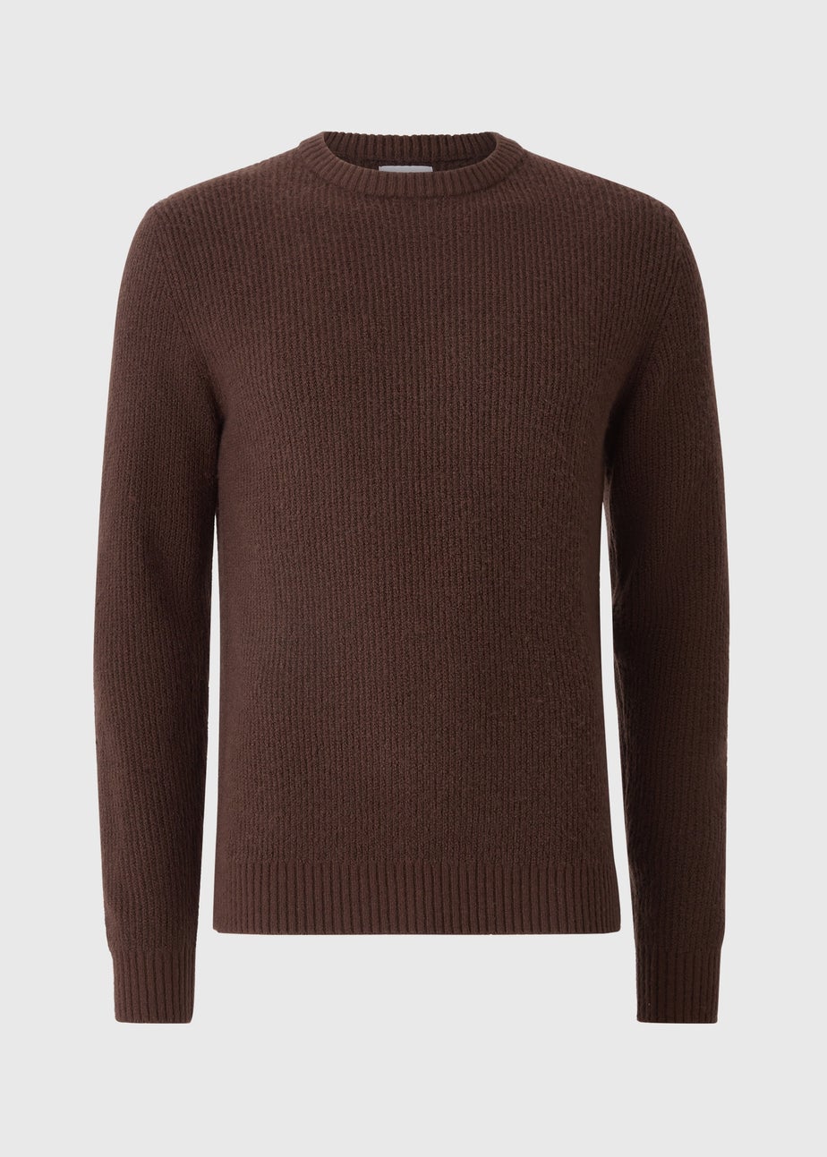 Brown Ribbed Crew Neck Jumper