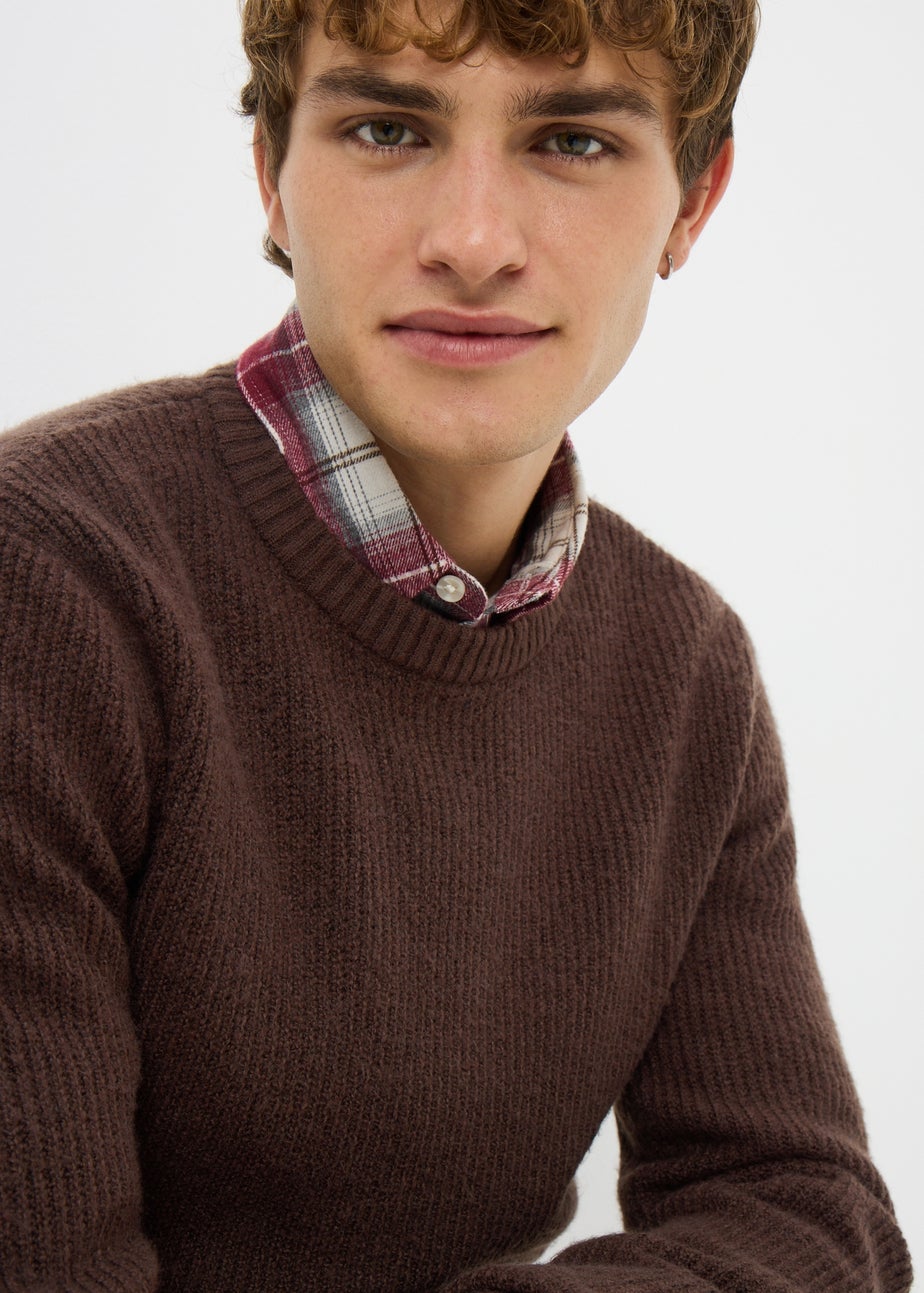 Brown Ribbed Crew Neck Jumper