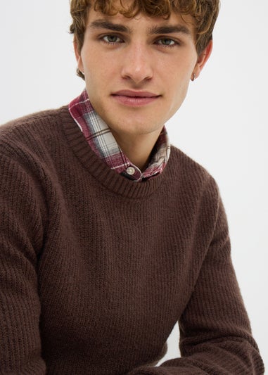 Brown Ribbed Crew Neck Jumper