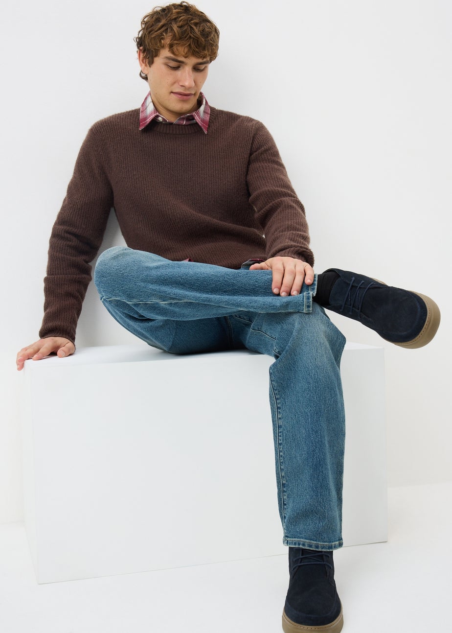 Brown Ribbed Crew Neck Jumper