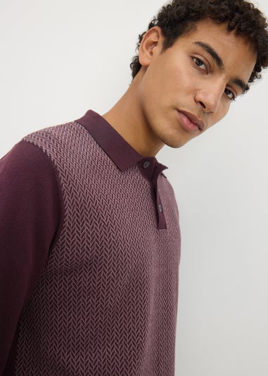 Burgundy Knitted Long Sleeve Polo Shirt
