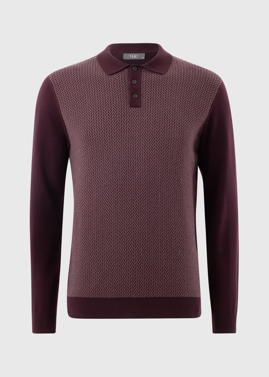 Burgundy Knitted Long Sleeve Polo Shirt