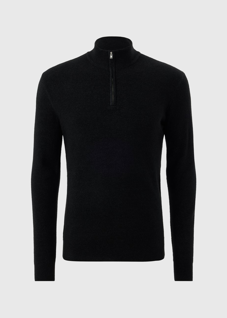Black Smart Ribbed 1/4 Zip Jumper