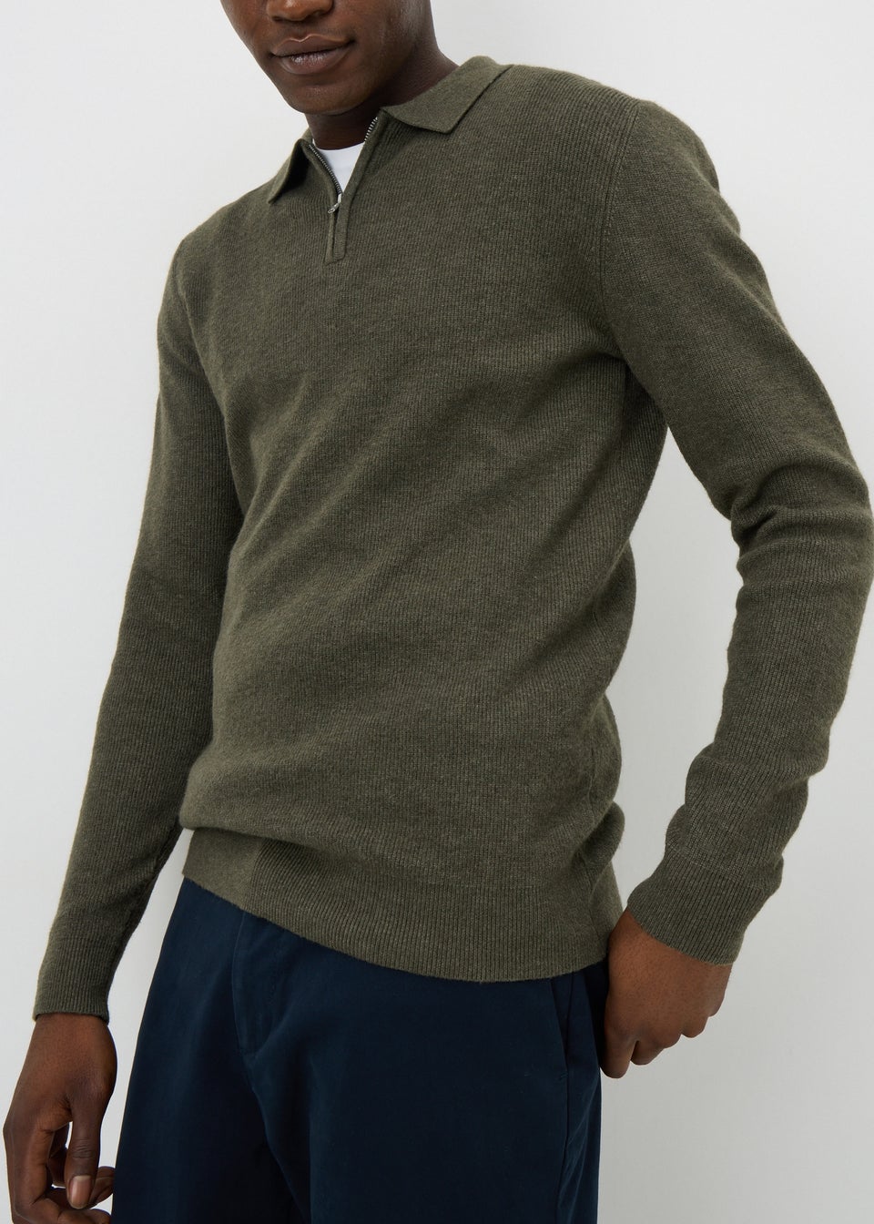 Khaki Smart Ribbed 1/4 Zip Polo Shirt