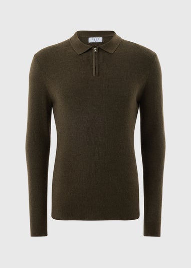 Khaki Smart Ribbed 1/4 Zip Polo Shirt