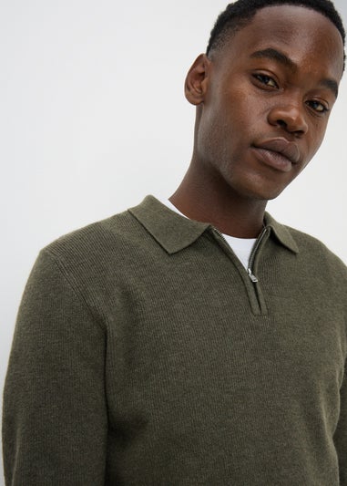 Khaki Smart Ribbed 1/4 Zip Polo Shirt