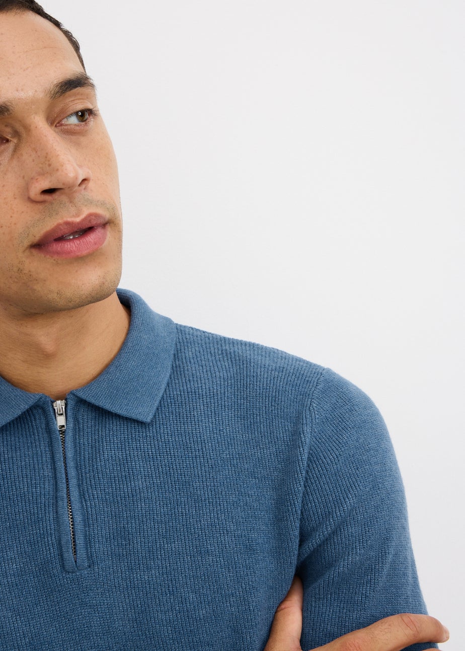 Blue Ribbed Smart Zip Polo Jumper