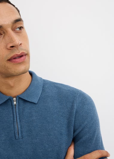 Blue Ribbed Smart Zip Polo Jumper