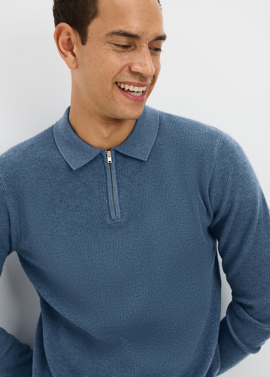 Blue Ribbed Smart Zip Polo Jumper