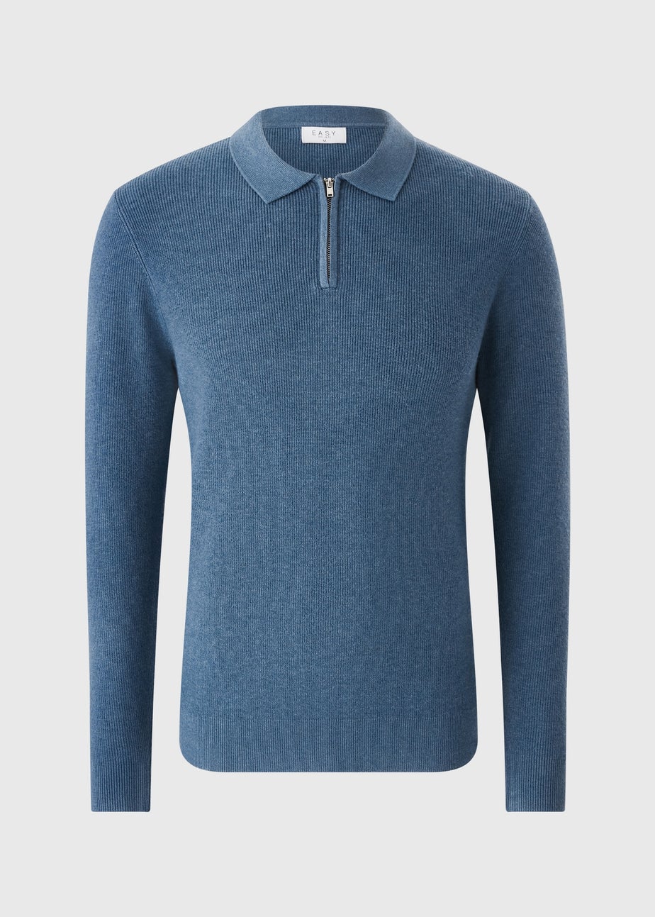 Blue Ribbed Smart Zip Polo Jumper