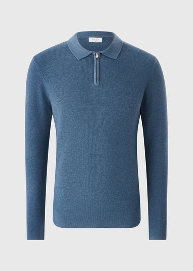 Blue Ribbed Smart Zip Polo Jumper