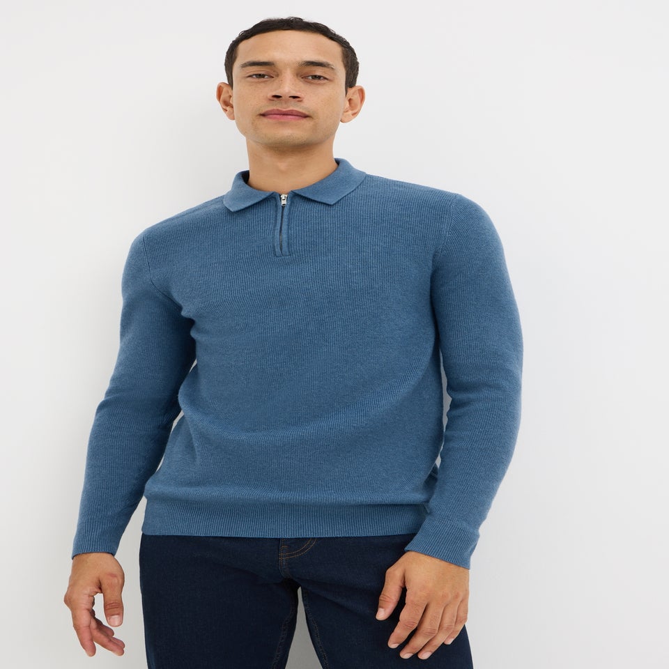 Blue Ribbed Smart Zip Polo Jumper