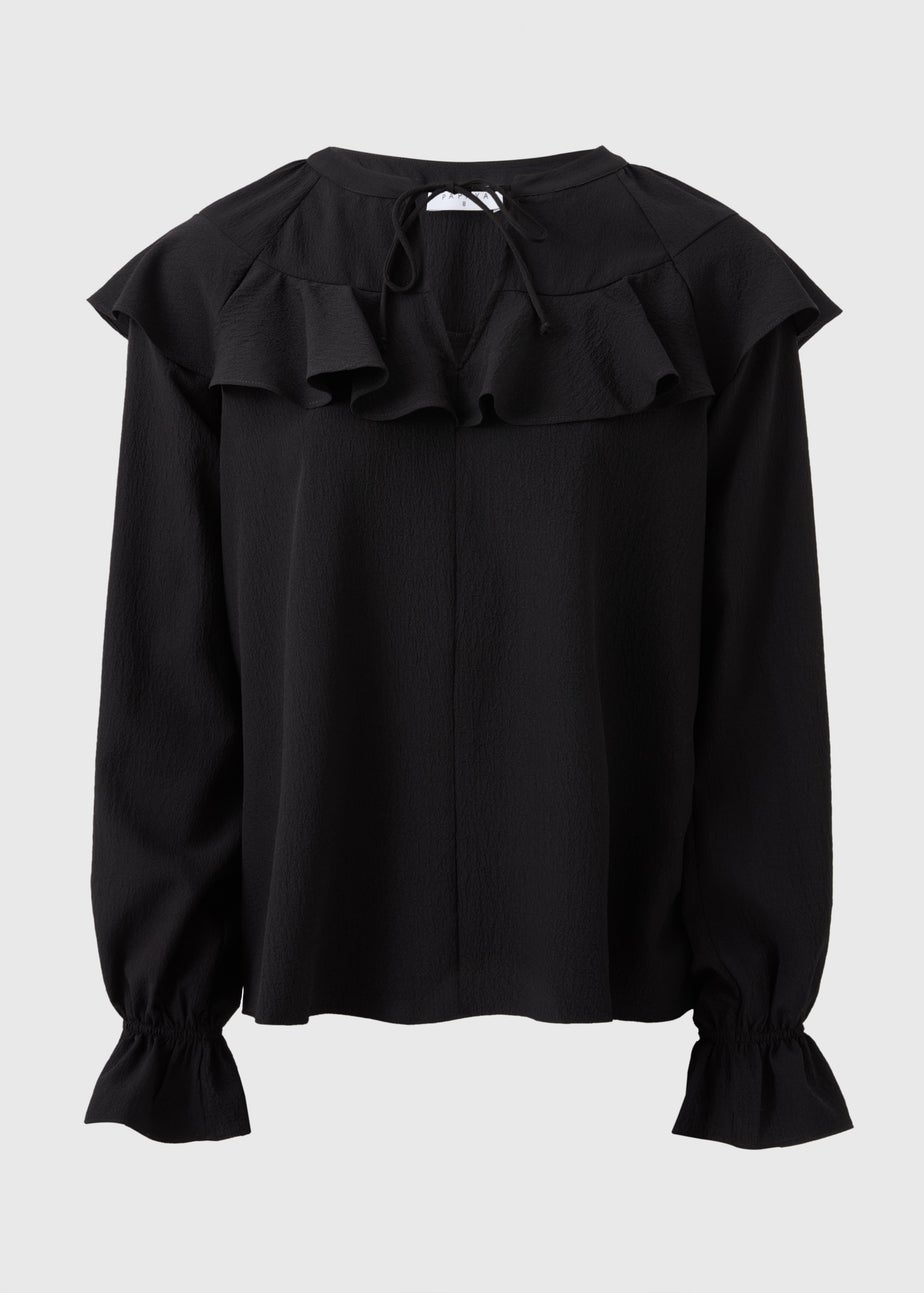 Black Ruffle Tie Neck Blouse