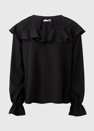 Black Ruffle Tie Neck Blouse