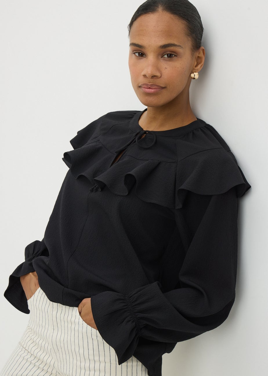 Black Ruffle Tie Neck Blouse