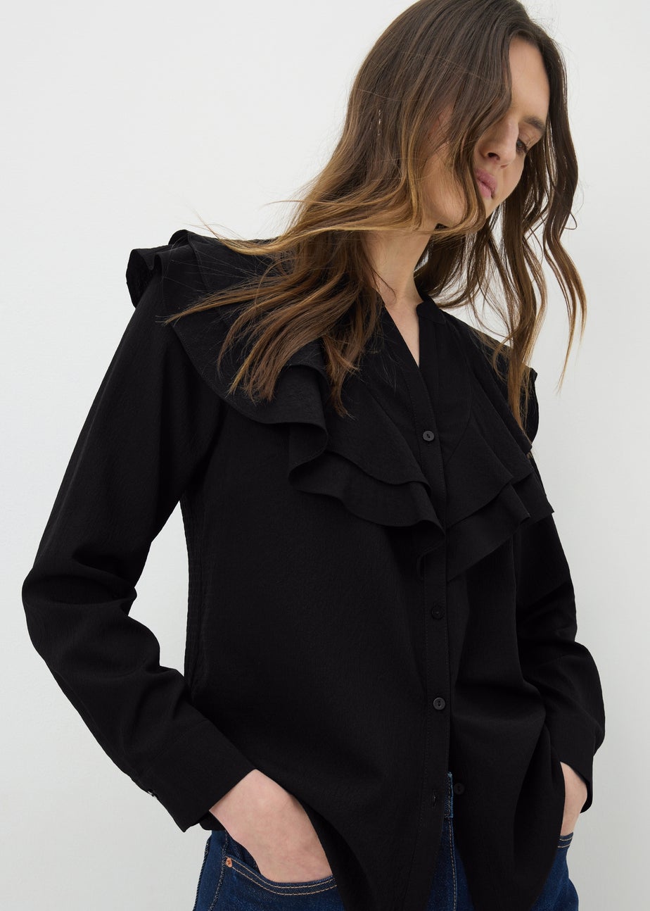 Black Double Ruffle Neck Blouse