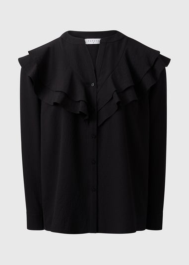 Black Double Ruffle Neck Blouse