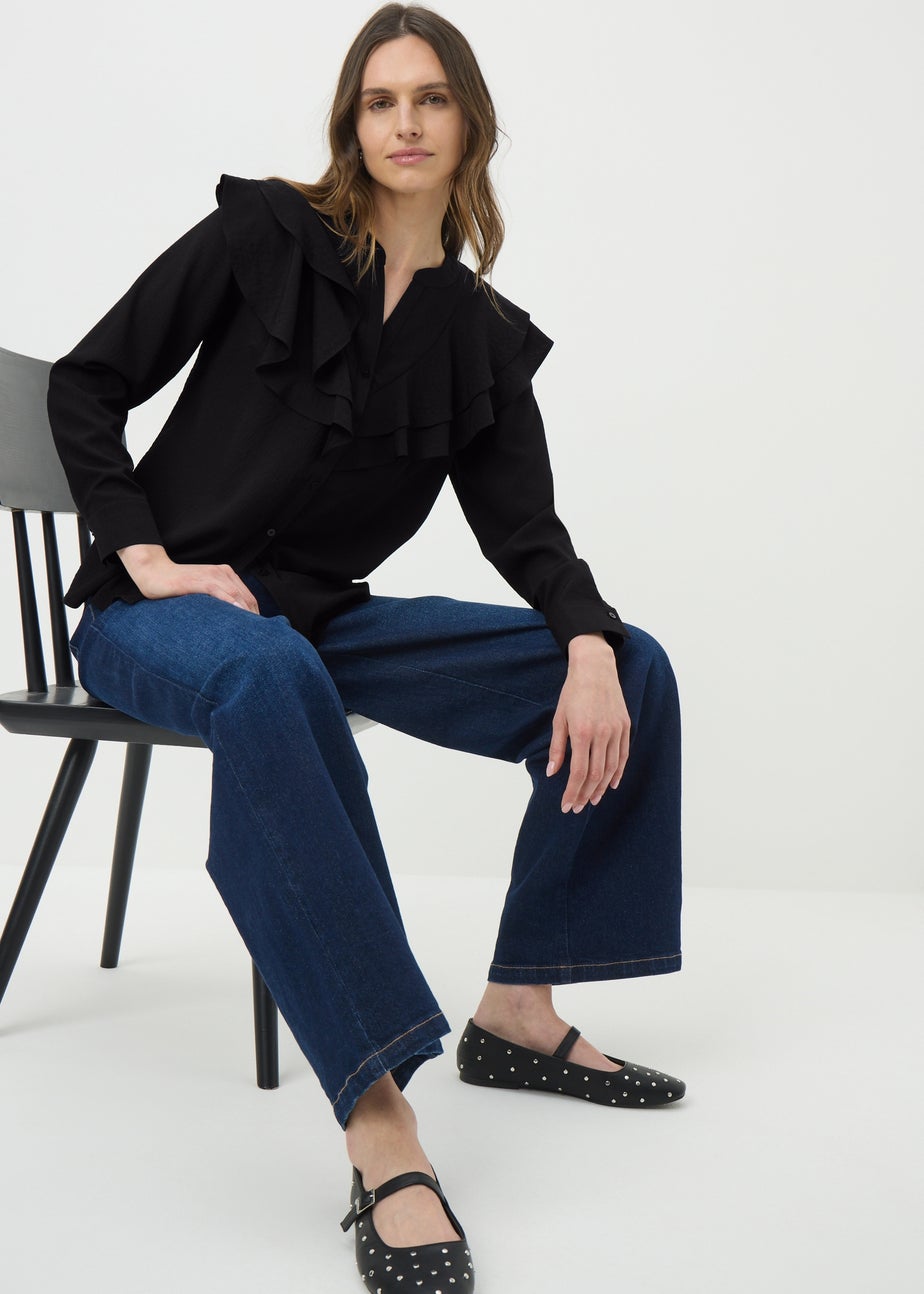 Black Double Ruffle Neck Blouse