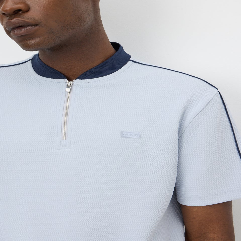 Light Blue Textured Grandad Zip Co Ord Polo Shirt