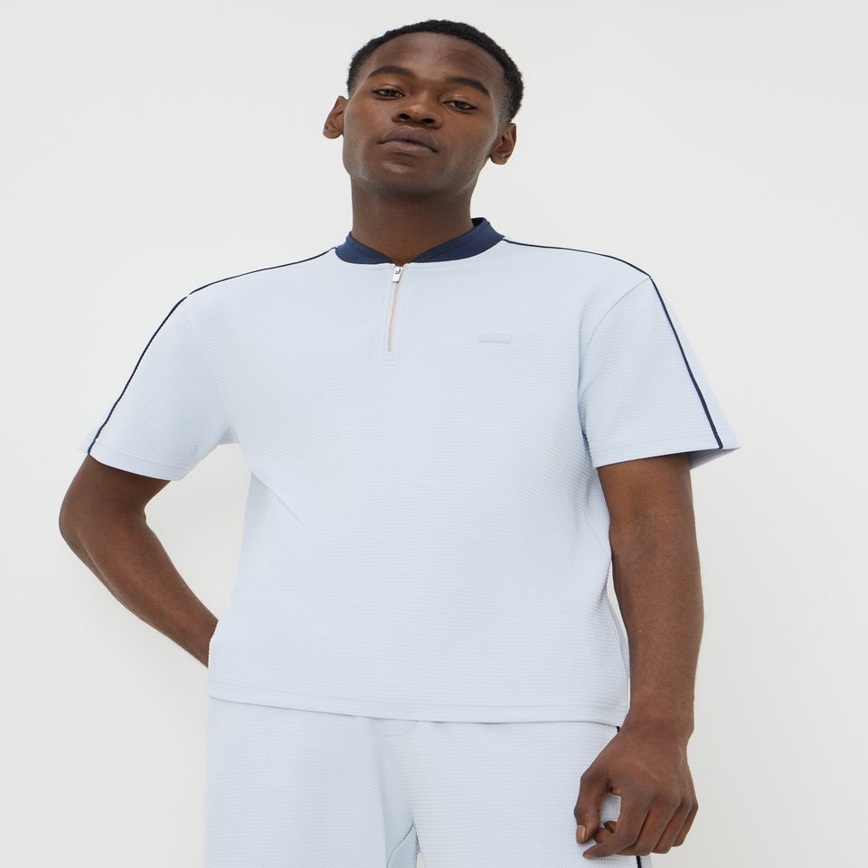 Light Blue Textured Grandad Zip Co Ord Polo Shirt