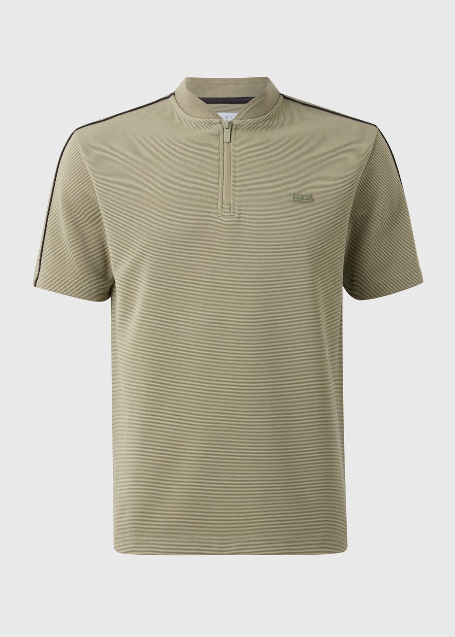 Khaki Textured Grandad Zip Co Ord Polo Shirt