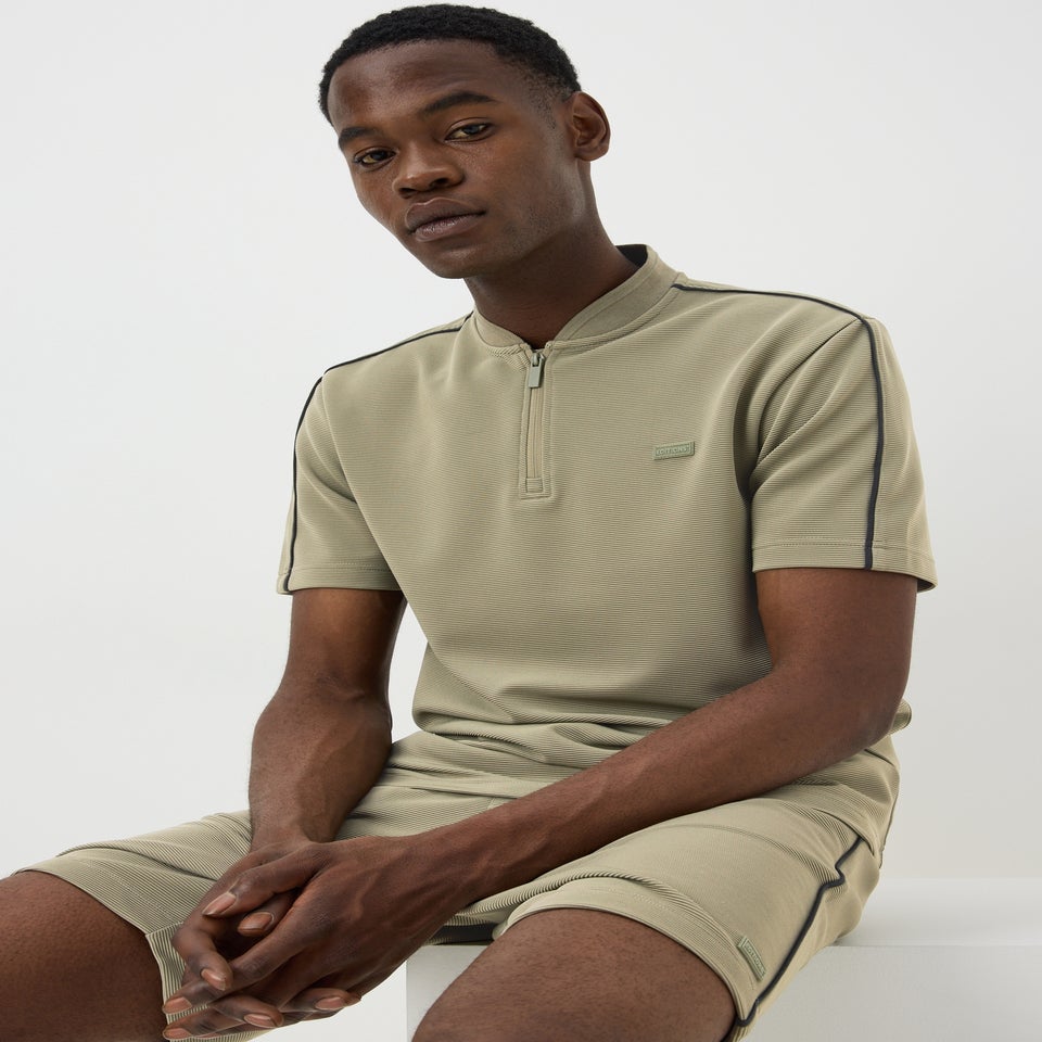 Khaki Textured Grandad Zip Co Ord Polo Shirt