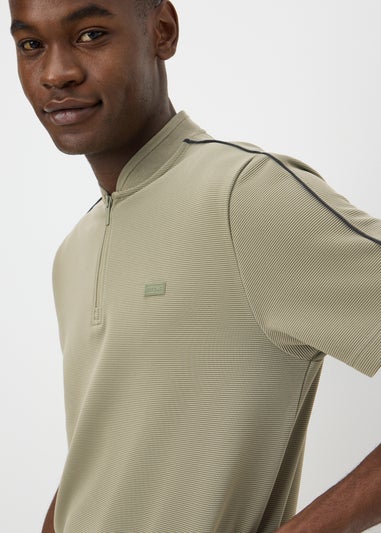 Khaki Textured Grandad Zip Co Ord Polo Shirt
