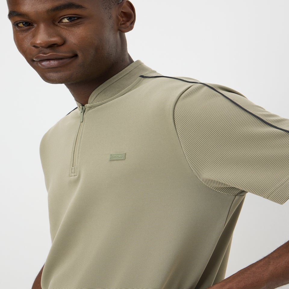 Khaki Textured Grandad Zip Co Ord Polo Shirt