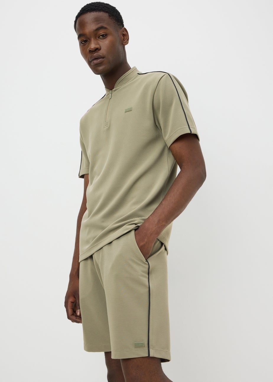 Khaki Textured Grandad Zip Co Ord Polo Shirt