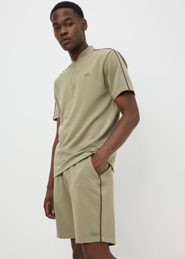 Khaki Textured Grandad Zip Co Ord Polo Shirt