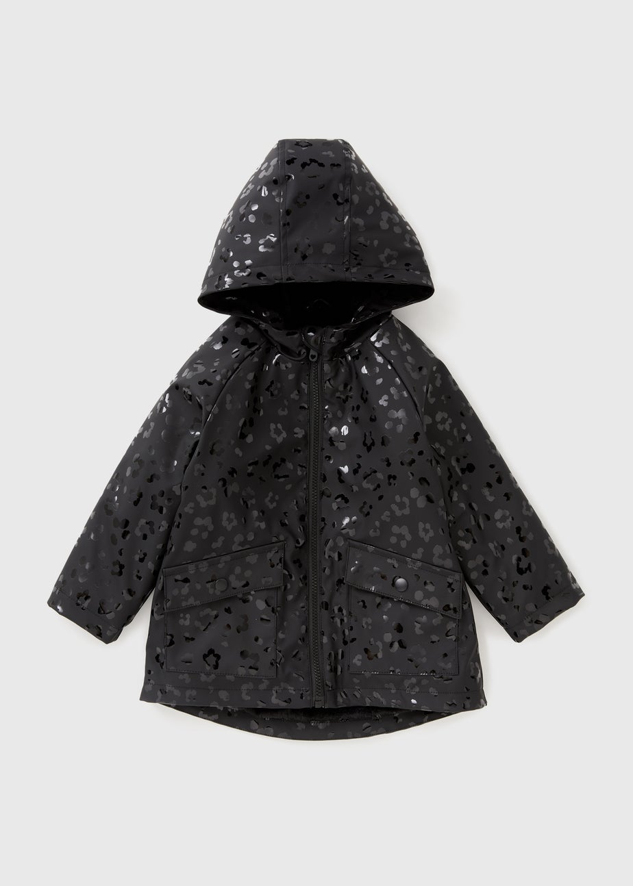 Girls Black Leopard Fur Lined Mac (1-7yrs)